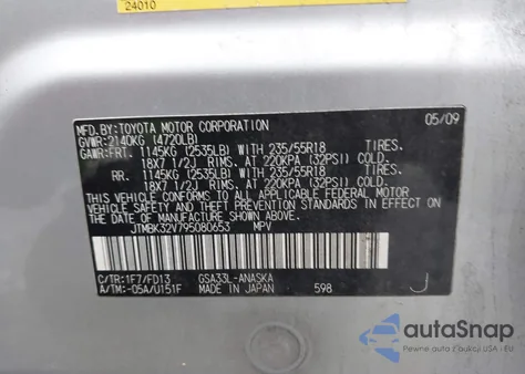 2009 Toyota Rav4 Sport V6 from USA, damaged, VIN JTMBK32V795080653